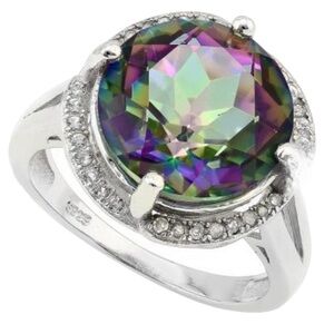 Mystic Topaz Ctr, White Sapphires & Diamond White Gold over Sterling Silver NIB